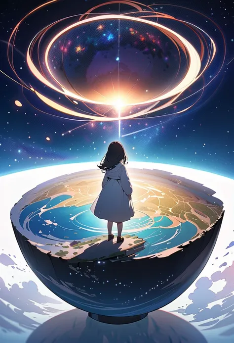 (masterpiece, best quality),Picture book-like illustrations. A girl standing on a small deformed earth. Back view. Looking up at the beautiful universe. Starry sky.