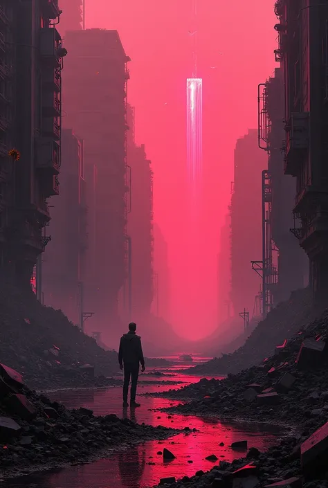 War, cyberpunk, damage places and structure, with red or magenta lighting, and with high-tec effects no human.... square size image