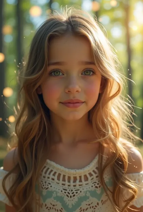 A beautiful girl with a straight face and a clear face. Half of the body is seen with the background as a picture. With trees lit by natural sunlight in the forest with fantasy, pastel-colored trees. Magic fairy forest, magical forest, space, natural beams...