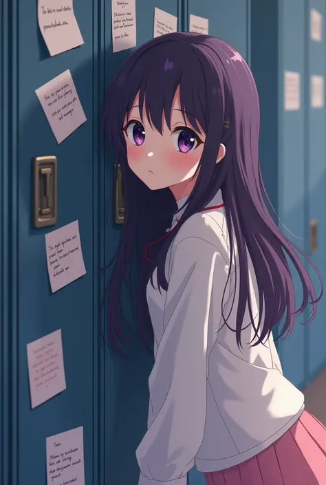 A anime teenage girl with very darl long purple hair and bangs, she wear a anime school dress . The stands with her back against a locker and in thought with love notes all over her locked making her look shy but unsure of who to choose