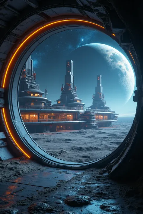 space base on the moon surface, night time view, milky way in the night sky, a view through a window, a reflection of stunning space base at night, a reflection of buildings illuminated, the earth on the sky, cinematic lighting, dramatic atmosphere, muted ...