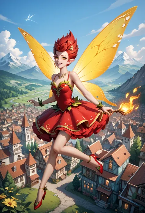 (masterpiece), best quality, (SHARP details), 4k, expressive eyes, SHARP detail expressive eyes, (SHARP detail perfect face), (very short red hair), (fairy), (yellow wings), fire, glowing fairy dust, (wearing short, red dress), (full body image), amber eye...