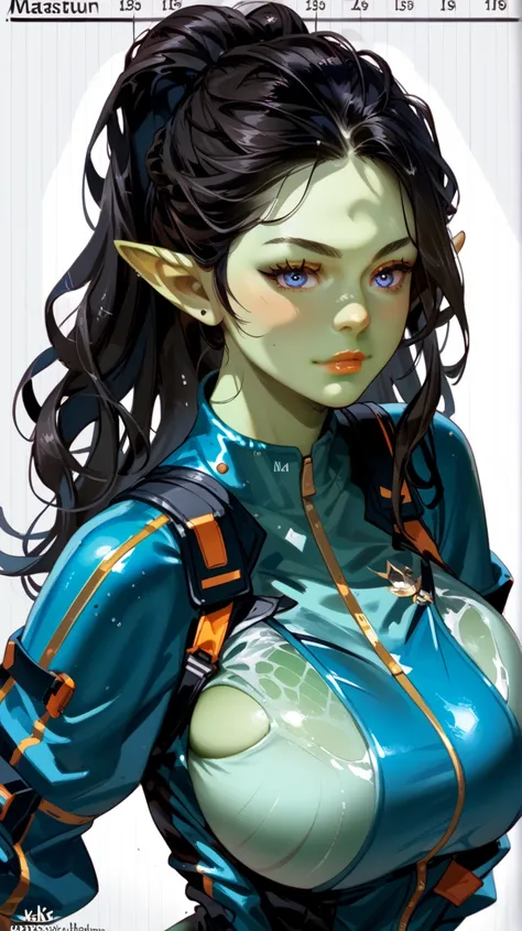 1 , green skin,  masterpiece ,  long hair,  black hair ,  Big breasts , blue eyes,Bust chart,  Long, pointed ears , wearing a diving jumpsuit.