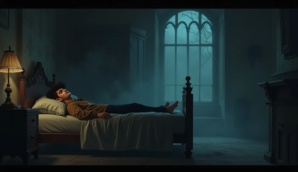 Arjun a 24 years old boy brown jacket and black pant , sleeping in the old mension s in a dark room , dark foggy night view 

2D ANIMATED STYLE.