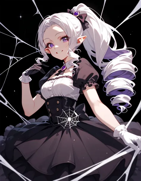 girl,White hair, long hair, ponytail,drill hair, in purple eyes,Pointed ears,Black Idol , medium breasts,smile,Wear a skirt, Tall,Spider web, wear gloves,dress, black background,Dark circles under the eyes