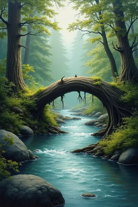 A river flows lazily in a forest area. It looks like an old tree has fallen across the river. Produce an interesting painting by emphasizing the space, interweaving and lighting of the painting.