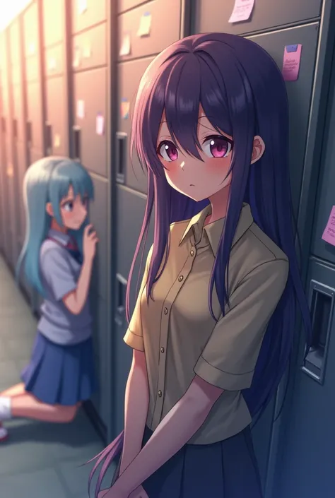 A anime teenage girl with very darl long purple hair and bangs, she wear a anime school dress . The stands with her back against a locker and in thought with love notes all over her locked making her look shy but unsure of who to choose(detailed beautiful ...