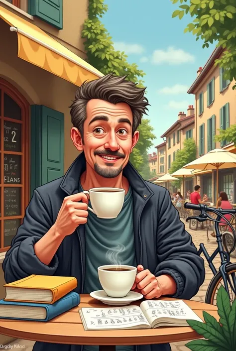  Naive drawing of a beardless velotafeur having a coffee next to his mountain bike. He has math books full of formulas . He is beardless and with a mustache . Il a 50 ans.  Landscape terrace French village cafe with other customers.