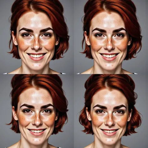 Photorealistic facial portrait picture, (Andy Warhol style:1.5), four monochromatic panels of the same face. a beautiful British woman, she is smiling. She has Brown eyes, downturned eye shape, light skin and freckles. ((Split at the side hairstyle)),Shes ...