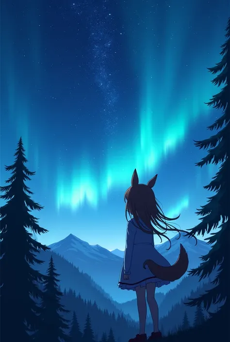 Girl looking to the sky. Nice dress. Animal Ears. Stary night with shooting stars. Mountains in the background and trees up close. Northern lights. High Resolution, Anime style, Masterpiece, From Below, Accurate, Super Detailed