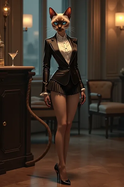 "Elegant Evening Kitty"**: A sophisticated Siamese cat steps out in a tailored blazer over a satin top, paired with sharp pleated shorts and stilettos. The cat’s sleek tail arches gracefully as it exudes class and elegance.
