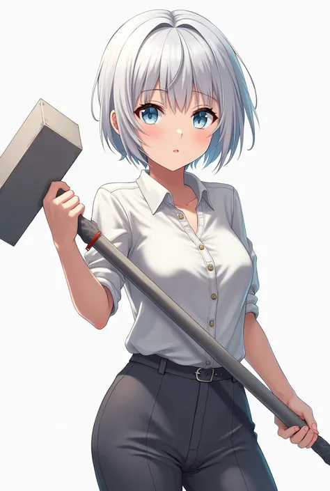 Anime Girl in her 20s white short hair and blue eyes and closed clothes with a hammer