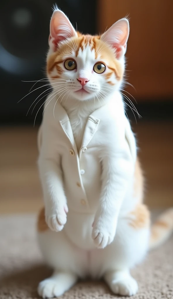 " a real cute cat standing on its back legs ,  Facing Front, she; a very handsome young man in a white suit .  has soft fur mixed with white and light brown spots.. Stylish and attractive clothes, Enhance the cuteness of your cat.  wearing a tight white dr...