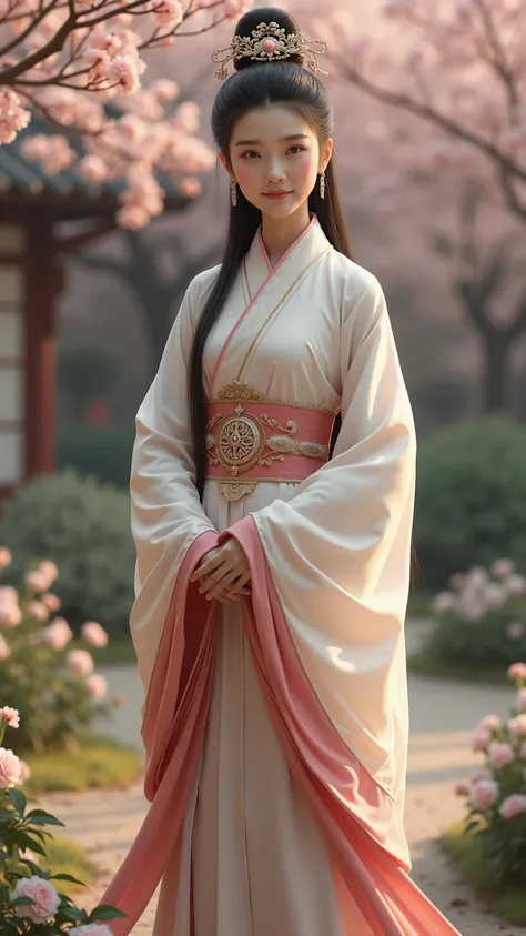  A realistic representation of a  Wu Zetian girl ,  in a typical garden of the Tang Dynasty .  She wears elegant but simple clothes ,  with soft colors and traditional decorations . The background includes flowers ,  plum trees and a calm atmosphere that r...