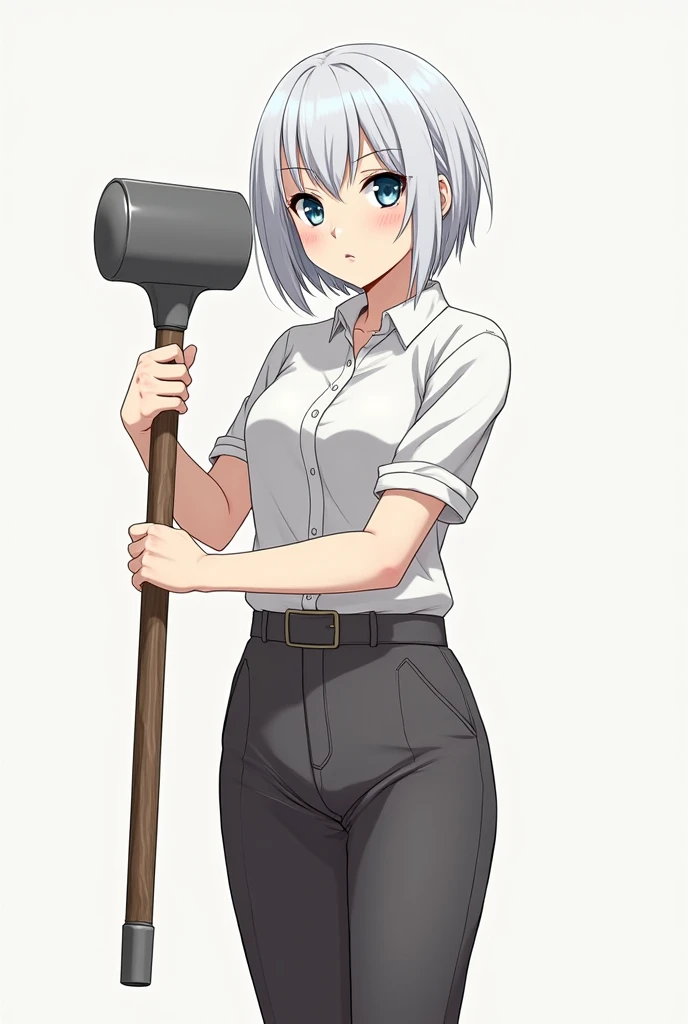 Anime Girl in her 20s white short hair and blue eyes and closed clothes with a hammer