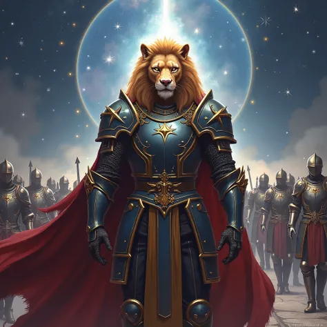 Cosmic symbolism in the ART style. The knight-with the head of a lion, stands in a majestic pose. Behind him, there is an army of knights.