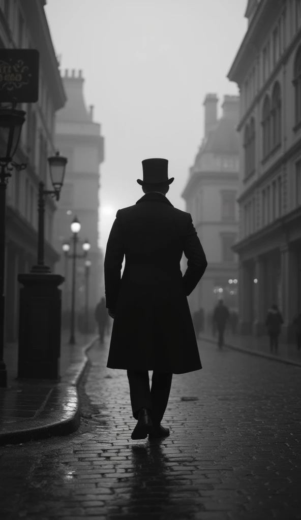 black and white image of a man in black overcoat and top hat walking on the streets of London in the year 1888, the environment is gloomy