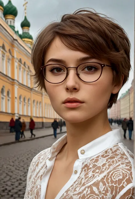 Masterpiece, ultra-realistic photography, high quality, perfect anatomy; randomly but elegant completely and full dressed pretty russian girl 24yo, rounded face, elegant glasses, extremely small breast, brown eyes, a serious independent sarcastic look, sha...