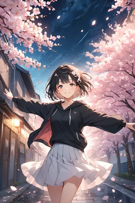 ((Anime)), (( Surprisingly Absurd )), (masterpiece: 1.2), Ultra  high definition ,  attention to detail in the Night Alley,  High Quality ,  high definition , 最 High Quality , 4K, 8k,  Shorthair,  black hair,  black hoodie , White Skirt, Cherry blossoms in...