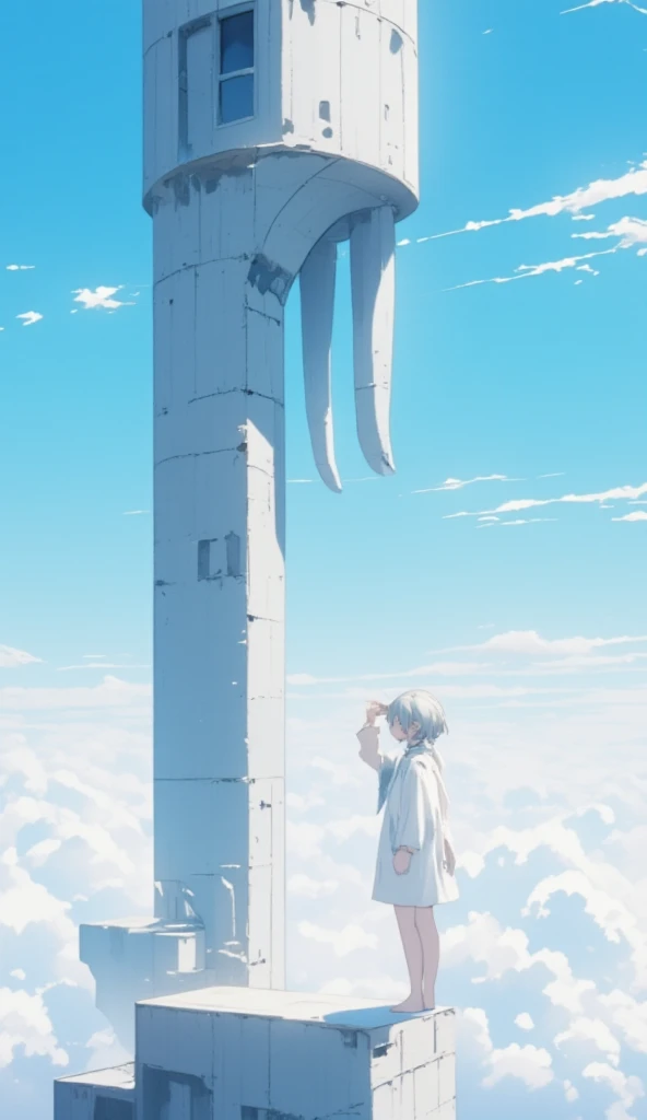  one girl、 best quality、masterpiece、A thin tower stretching high into the sky、Cylindrical tower、sea of clouds、 blue sky、 window with legs 、  Hair Blown in the Wind  、Gray Hair、Girl gazing into the distance、White clothes、barefoot、Full body angle、sea of clou...