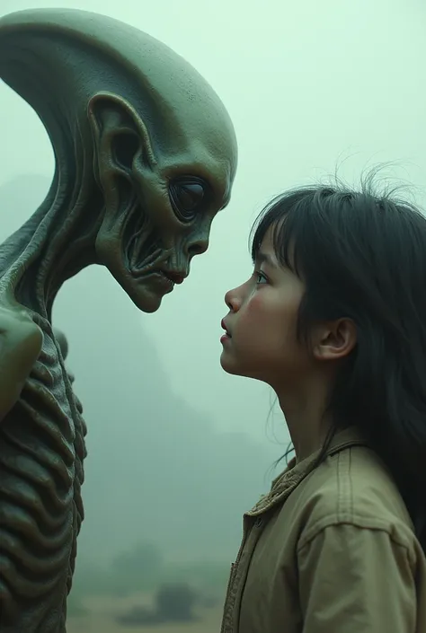 Alien and crying girl watch each other