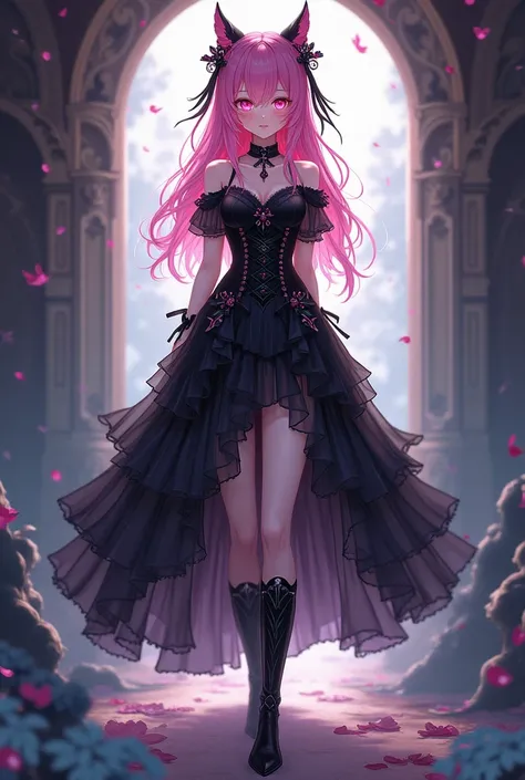 anime girl in black dress with pink hair and black boots, anime girl wearing a black dress, guweiz on pixiv artstation, guweiz on artstation pixiv, fantasy outfit, anime full body illustration, gothic maiden anime girl, cushart krenz key art feminine, cute...