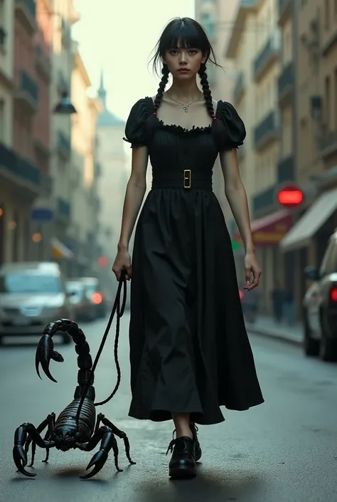 unusual angle, full-length, city street, a short dark-haired european girl with two braids on her chest and in a vintage black dress walks a black scorpion on a leash next to her, pale skin, wide cheekbones, two braids lie on her chest, dark fantasy, high ...