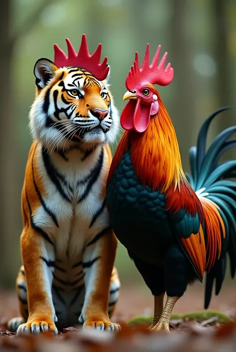 "Create a highly realistic image of a tiger and a rooster standing side by side, positioned next to each other in a natural setting. Both animals should appear lifelike, with intricate details, such as the tiger’s muscular body and intense gaze, combined w...