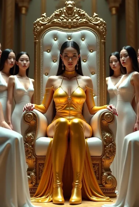 Busty Queen,Japanese woman,golden latex body suits,sitting on throne,a group of japanese girls with white latex dress surrounding queen,indoor,photo