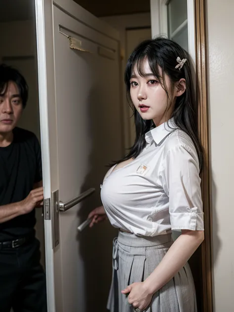 1 young japanese woman、 cute、drunk、 black hair、hair clip、 has big breasts、 white cutter shirt 、 gray flare skirt 、a displeased m...