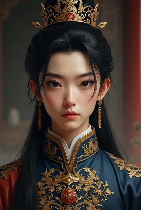 A boy. The black-eyed and black-haired crown prince. A cold and handsome face. An Asian face. He wears royal clothes. 