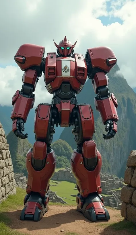 Imagine a heavily armored mech, red and white color scheme, Peruvian flag coat of arms on chest, standing among the ruins of Machu Picchu with clouds swirling around, highly detailed, realistic rendering, 8k, photorealistic.