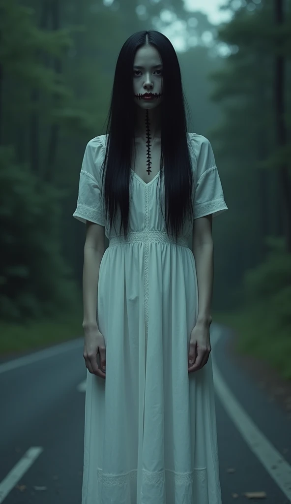 create A Japanese Scary Slit Mouthed Woman Ghost Standing In The Dark Road Mouth Slit Ear To Ear, Stitches On Mouth, Looking Scary, Stitches, Very Long stretched Body, A Man Standing Infront Of Her, white dress, White Dress , Full Mouth Stitches From Ear T...