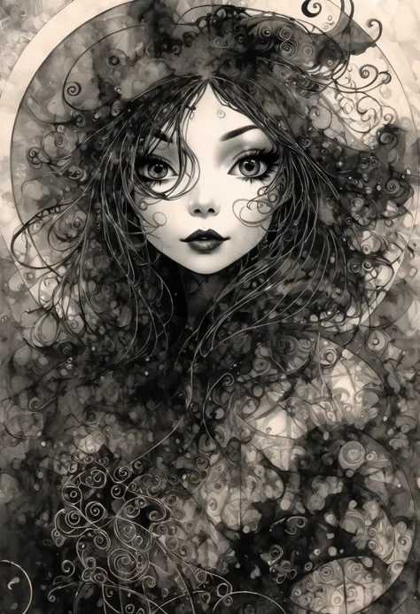 embroidered fabric, sexy girl, very long orange hair, black roses, a cat, moon, stars, magic, fantasy , black and white sketch style, art inspired by Bill Sienkiewicz and Dave McKean, (best quality,4k,8k,highres,masterpiece:1.2),ultra-detailed,(realistic,p...