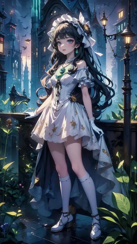 , Composition from head to toe,  full body view,(masterpiece:1.2), ( best quality:1.2),  ultra high resolution,  super detailed, break, (( An anime girl holding a pocket watch in her hand is standing)), Dreamy Beautiful Girl ,  smiles lightly, ,  androgenic charm , Long Hair, ((Platinum Hair)),  messy hair, Small and soft breasts,Slender body,  small ass , Small green eyes, Detailed and Beautiful Eyes , well-made irises and eyes ,  's expressive eyes ,  Beautifully Detailed Lips ,  high-resolution, detailed hair , Perfect Eyes,  perfect face,  super dense skin ,  Full Finger , perfect lighting, break, ((Light green necklace)), (( white dress:1.3)), Light green tie, Sparkling Sapphire, Lady, Wear white gloves, break, (Steampunk), Castle Balcony , Skyscraper, Night view, gear, pipe, (Steam spewing out from pipes:1.2),  fantasy, break, (( facing the front:1.3)), break,   digital animation art  , anime style illustration , animated illustration 