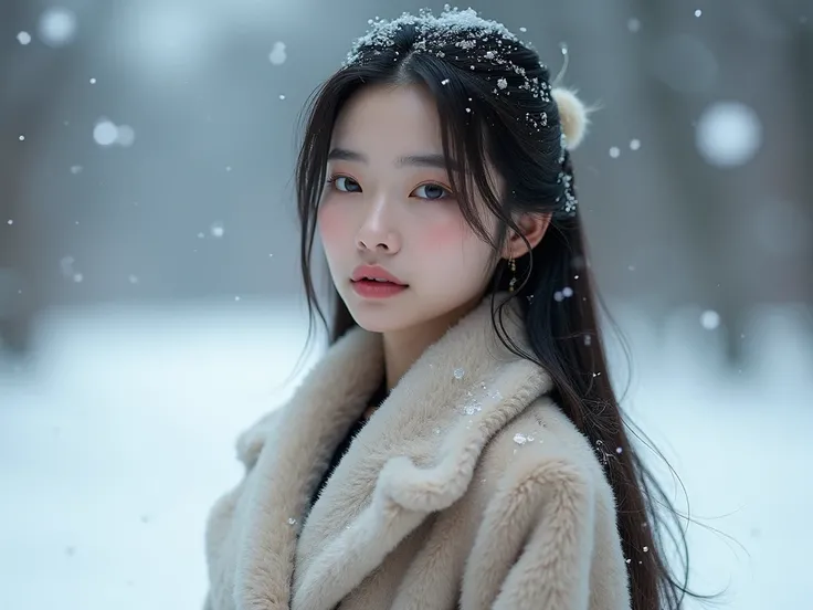 Une femme asiatique détendu,  black hair, Wearing a fur coat, dehors, snow