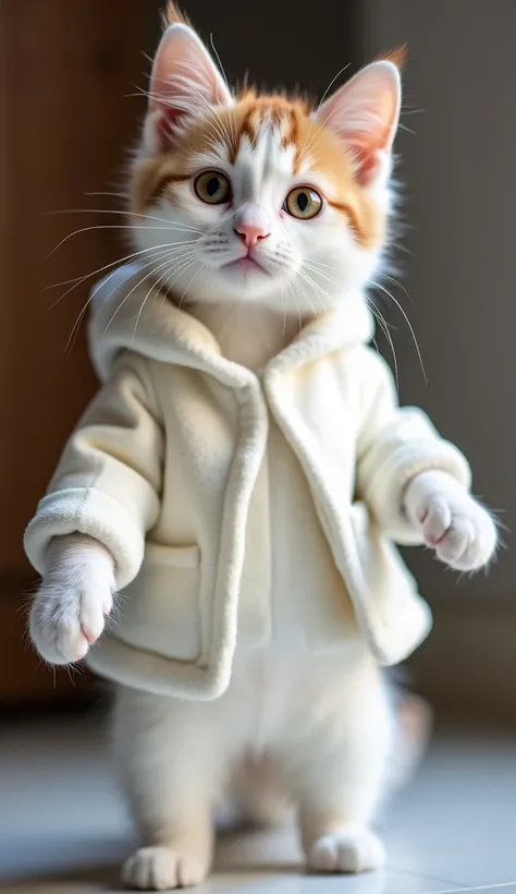 " a real cute cat standing on its back legs ,  Facing Front, he; wearing a white jacket .  has soft fur mixed with white and light brown spots.. Stylish and attractive clothes, Enhance the cuteness of your cat.  wearing a tight white dress The background i...