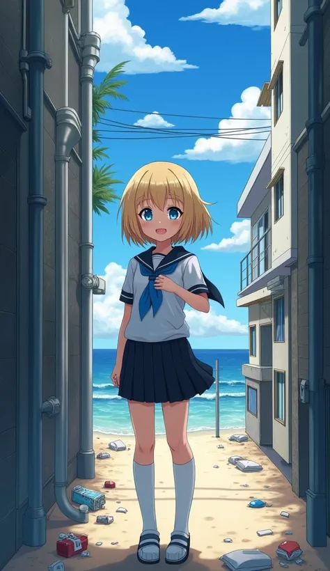 masterpiece,  best quality,  high definition ,  Very detailed,((( blonde pretty girl))), ((( Japanese anime))), ((( short hair on the nose ))), (((Blue scarf))), ((( sailor suit ))), ((( black pleated skirt))), ((( white high socks ))), (((In a modern city...