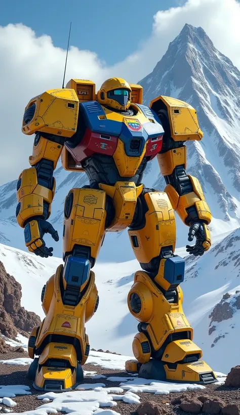 Imagine a heavily armored mech, yellow, blue, and red color scheme, Ecuadorian flag shield emblem on chest, standing on the slopes of a snow-capped volcano like Cotopaxi, highly detailed, realistic rendering, 8k, photorealistic.