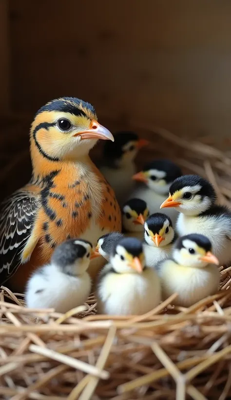 "A beautiful mother bird with vibrant brown and black striped feathers, sitting in a cozy nest made of straw. Surrounding her are numerous fluffy white chicks with black-tipped heads and orange beaks, evoking a heartwarming sense of protection and care. Th...