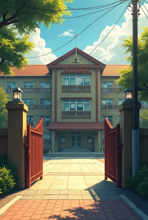 A typical Japanese high school building, has a gate that says (PUBA), a hot afternoon atmosphere, very realistic, the best details, very natural, cinematic 