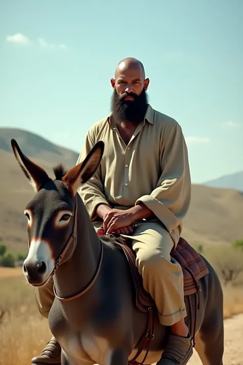 A man hairless facial beard is sit on donkey 