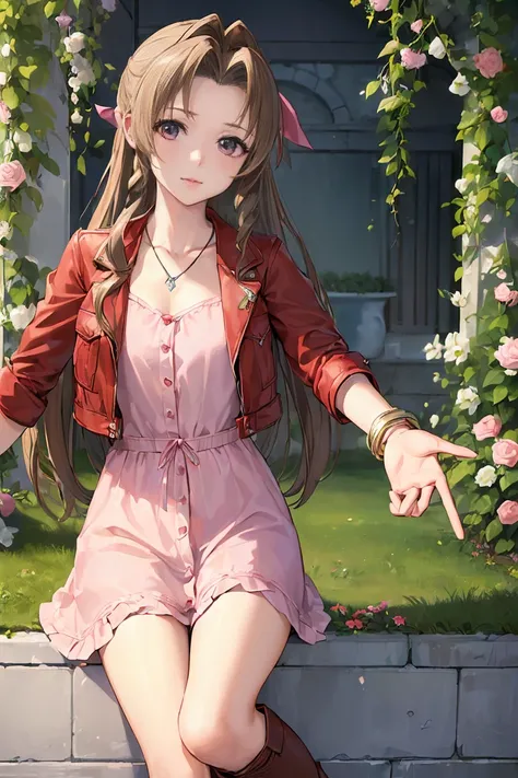 (masterpiece:2.0), Alone, (((( Aerith Gainsborough ,  Red Cropped Jacket,  hair bow ,  bracelets staring at the viewer,   pink dress ,  brown boots )))), , from_side,  COWBOY SHOOTING , Squat with your knees together,flower , ( delicate details:1.7), ( Bea...