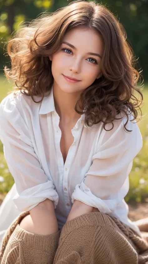  best quality, , Soft light,  ultra high resolution, (Realistic:1.4),  RAW photo, swedish girl one, Alone, cute,  Sexy Poses 、( has a smiling face :0.5), ( Brown Eyes , Light in your eyes),  Beautiful Facial Details , ( from head to foot ),(Curly hair),（  ...