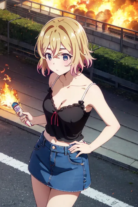 Mami Nanami,holding hundgun、at night、fence、1 girl、 cleavage、Black Camisole blouse、sexy blue denim skirt、Turn around and show your butt、Infiltrate a military base、Military base exploding in flames、The building is on fire