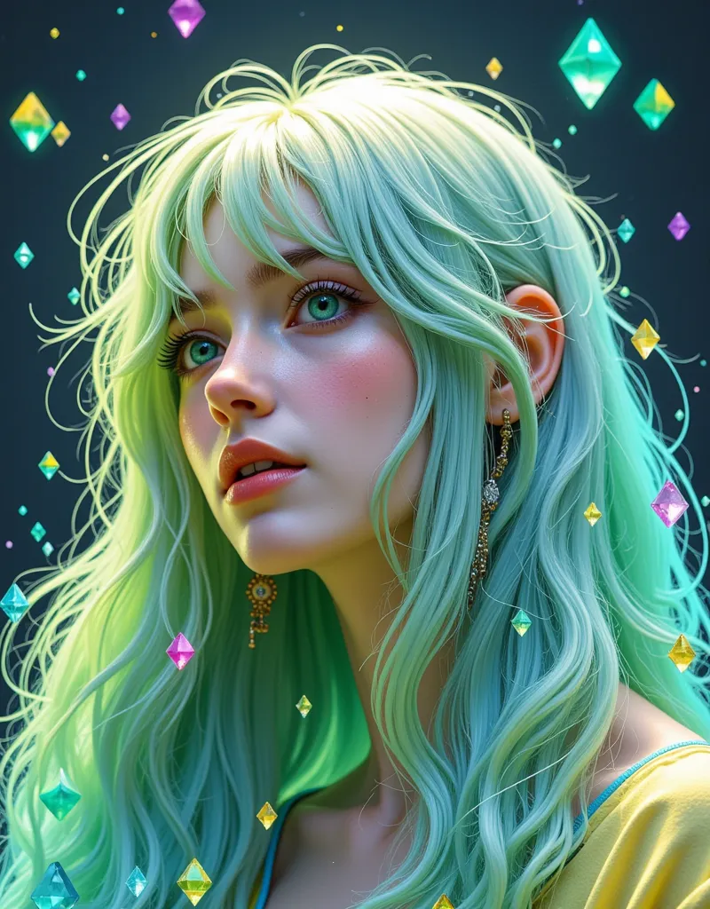 broken dreams ，surreal graphics， a girl with long light green hair and exquisite facial features，pale green eyeballs， the foregr...