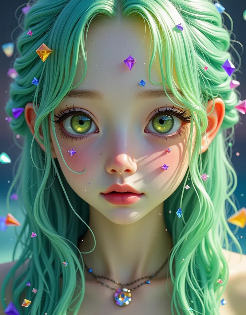 broken dreams ，surreal graphics， a girl with long light green hair and exquisite facial features，pale green eyeballs， the foregr...