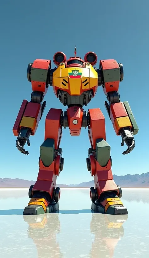 Imagine a heavily armored mech, red, yellow, and green color scheme, Bolivian flag coat of arms on chest, standing in the vast salt flats of Salar de Uyuni reflecting the sky, highly detailed, realistic rendering, 8k, photorealistic.