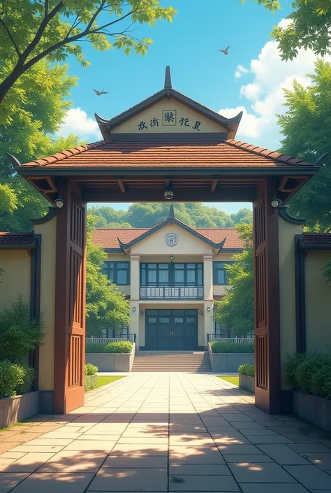 A typical Japanese high school building, has a gate that says (PUBA), a hot afternoon atmosphere, very realistic, the best details, very natural, cinematic 