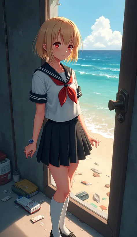 masterpiece,  best quality,  high definition ,  Very detailed,((( blonde pretty girl))), ((( Japanese anime))), ((( short hair on the nose ))), ((( sailor suit ))), ((( black pleated skirt))), ((( white high socks ))), (((In a modern city ))), (((Dark Back...